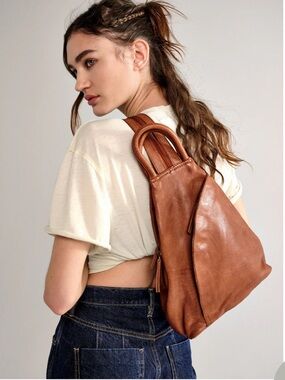 We The Free Leather Brown Sling Backpack